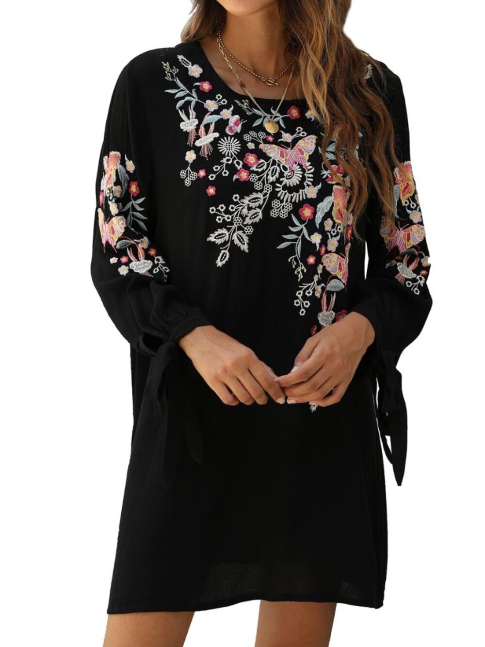 Embroidered Boho Swing Shift Dress for Women, Flowy Long Sleeve Mexican Floral